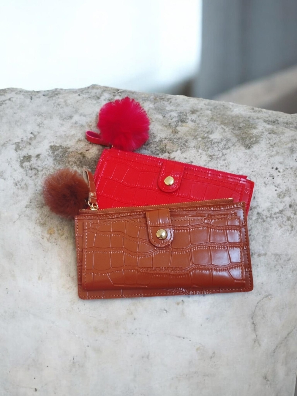 Faux Croc Zip Wallet Clutch - Brown and Red 2 Wallets